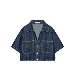 Zara Dark Blue Cropped Denim Short-Sleeve Button-Up Shirt